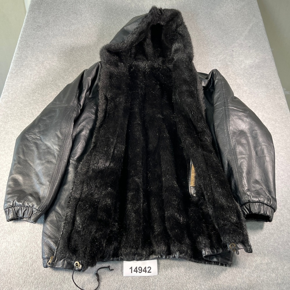 Mens Genuine Leather Jacket XL Black Faux Fur Lined Hooded Full Zip Drawcord Hem